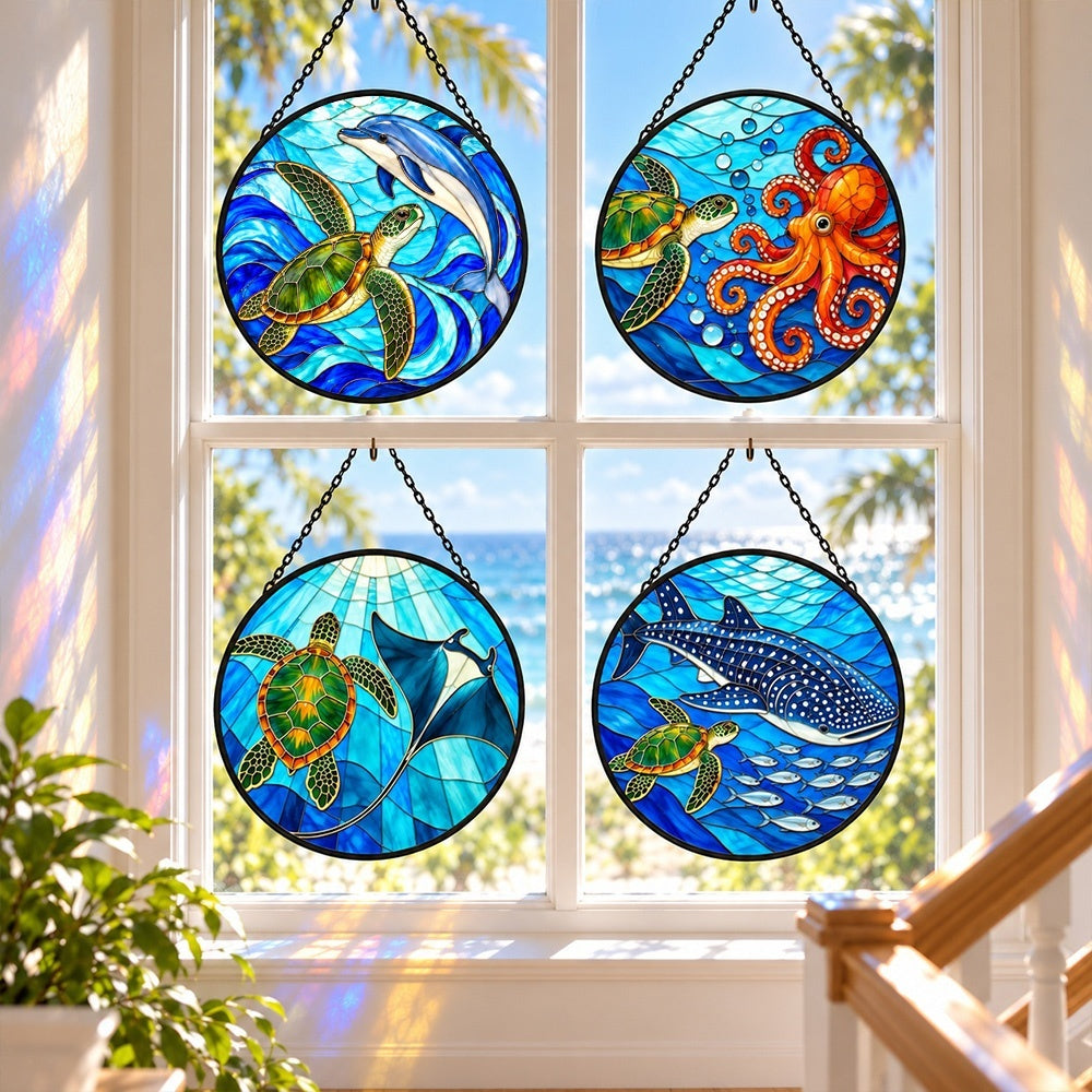 Stained Glass Suncatcher Set of 4 - Sea Turtles and Ocean Companions