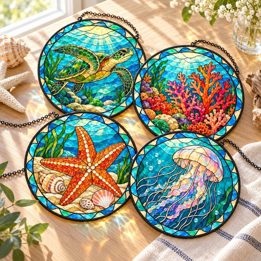 Stained Glass Suncatcher Set of 4 - Sunlit Sea Turtle Garden