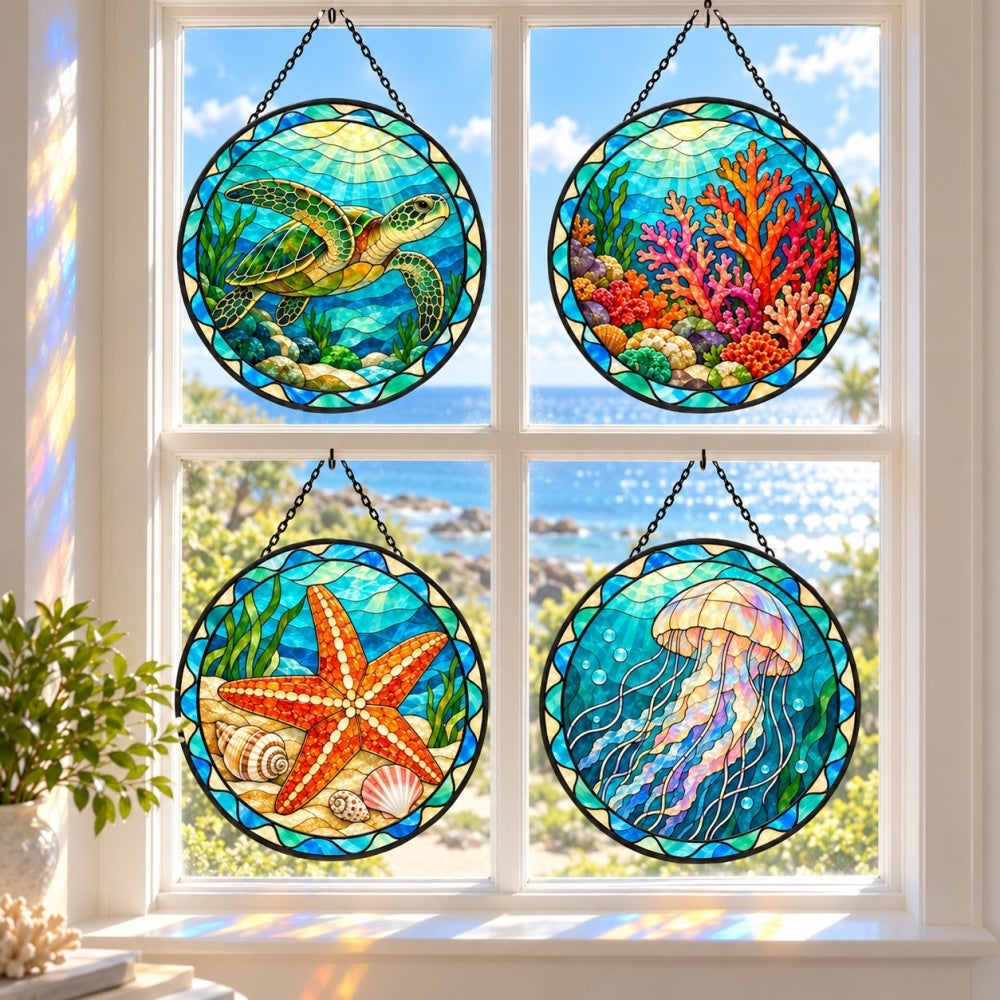 Stained Glass Suncatcher Set of 4 - Sunlit Sea Turtle Garden