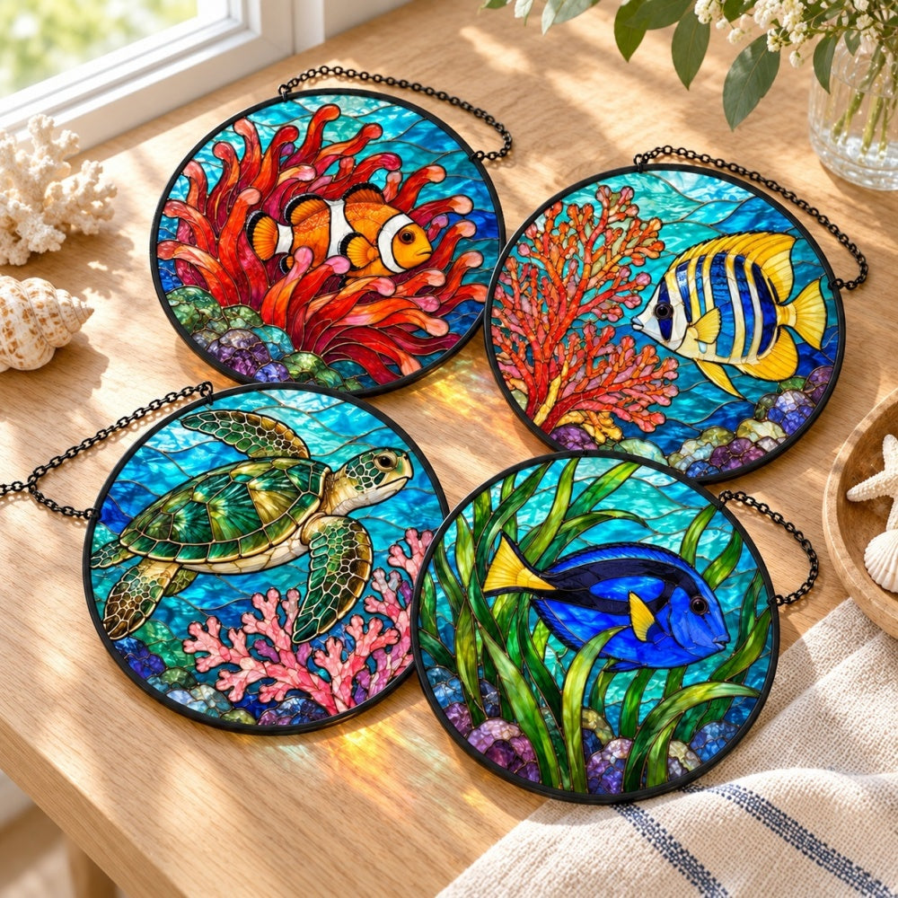 Stained Glass Suncatcher Set of 4 - Tropical Coral Garden