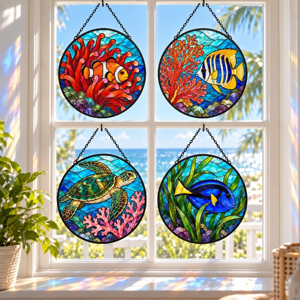 Stained Glass Suncatcher Set of 4 - Tropical Coral Garden