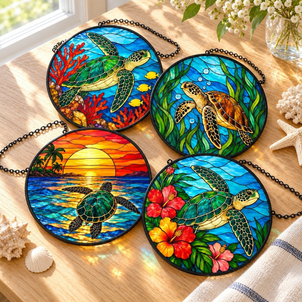 Stained Glass Suncatcher Set of 4 - Tropical Sea Turtle Paradise