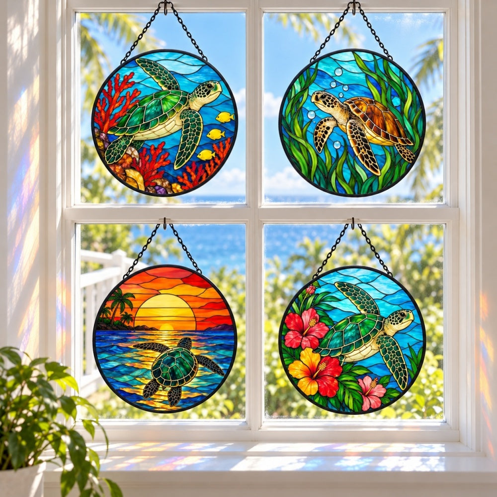 Stained Glass Suncatcher Set of 4 - Tropical Sea Turtle Paradise