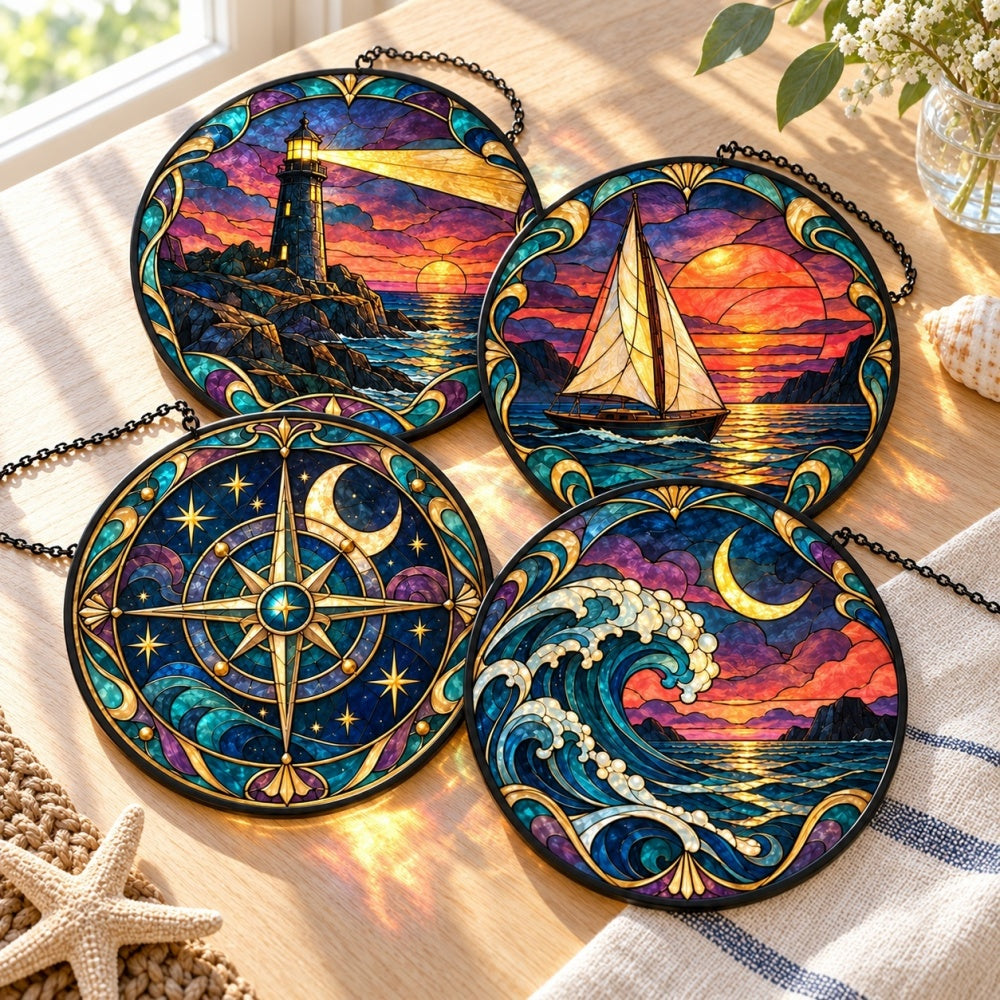 Stained Glass Suncatcher Set of 4 - Twilight Lighthouse & Sea