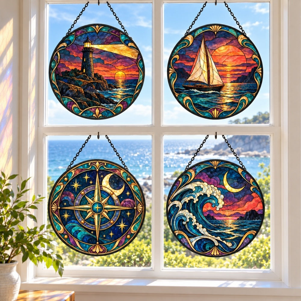 Stained Glass Suncatcher Set of 4 - Twilight Lighthouse & Sea
