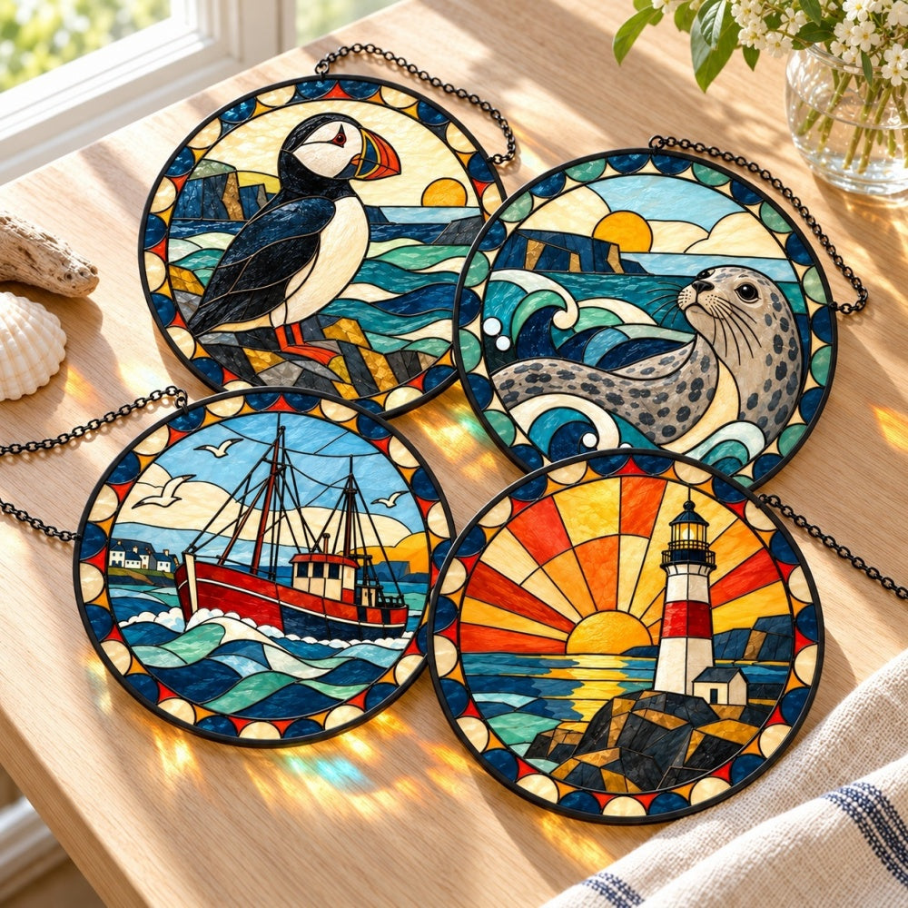 Stained Glass Suncatcher Set of 4 - Vintage British Seaside