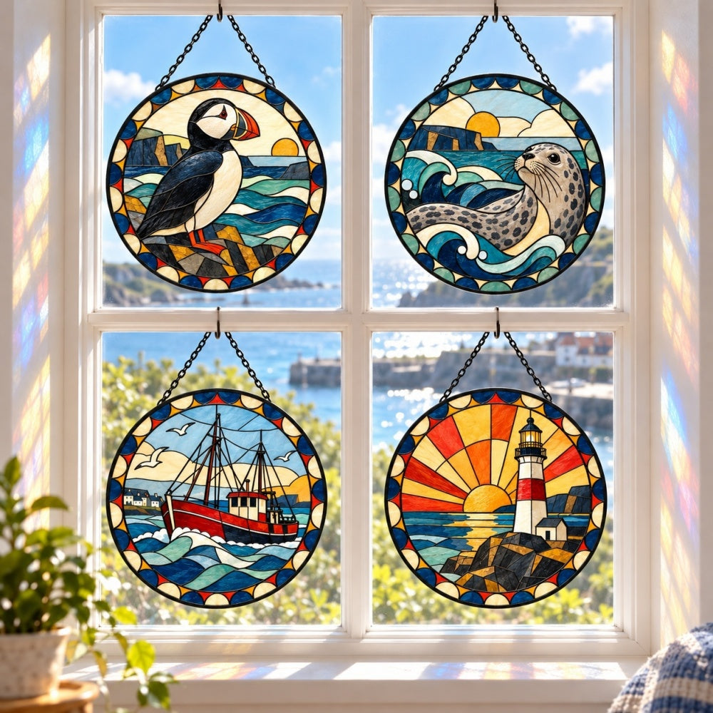 Stained Glass Suncatcher Set of 4 - Vintage British Seaside