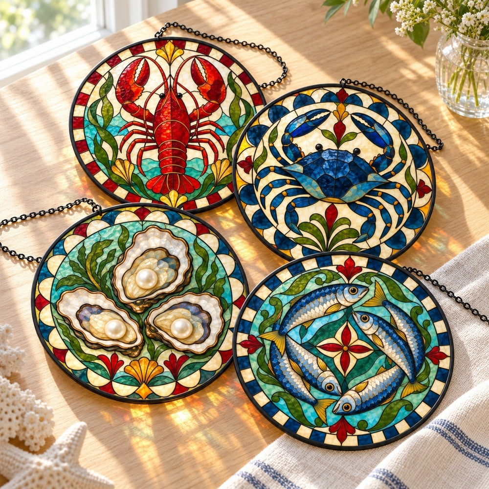 Stained Glass Suncatcher Set of 4 - Vintage Harbor Seafood
