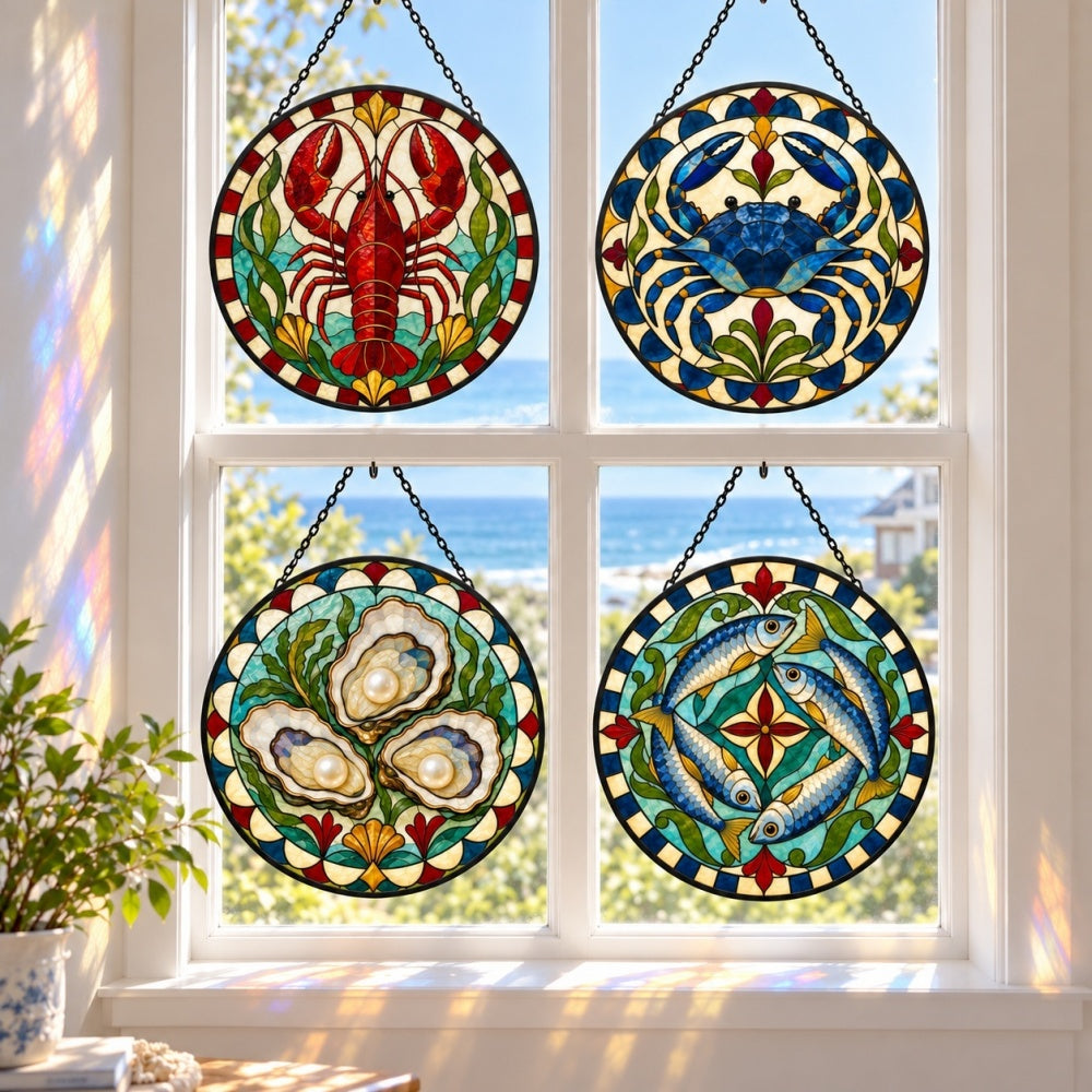 Stained Glass Suncatcher Set of 4 - Vintage Harbor Seafood