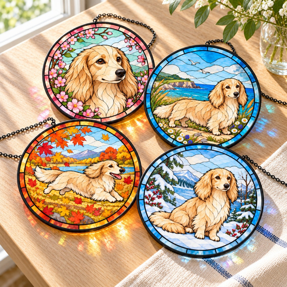 Stained Glass Suncatcher Set of 4 - Miniature Longhaired Dachshund