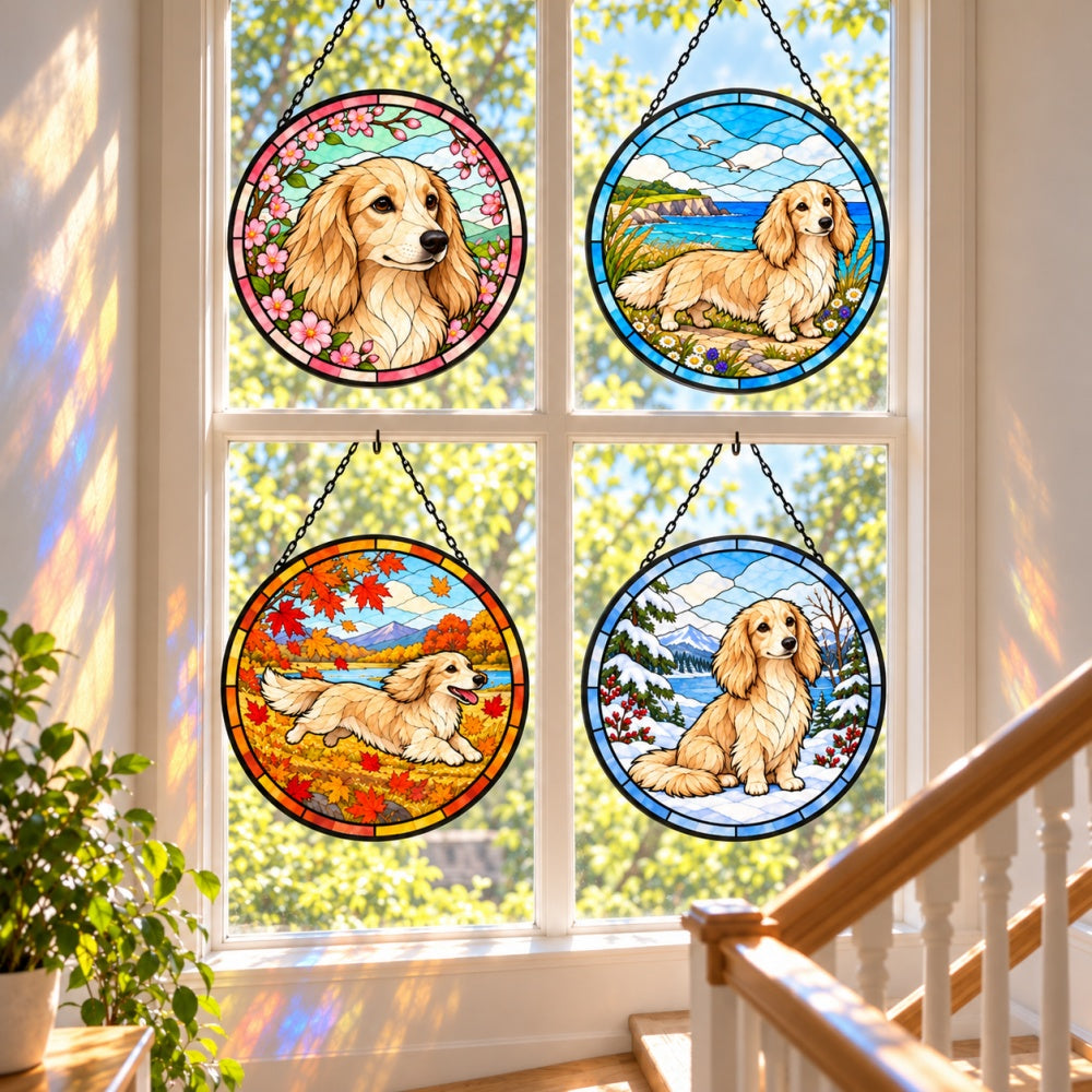 Stained Glass Suncatcher Set of 4 - Miniature Longhaired Dachshund