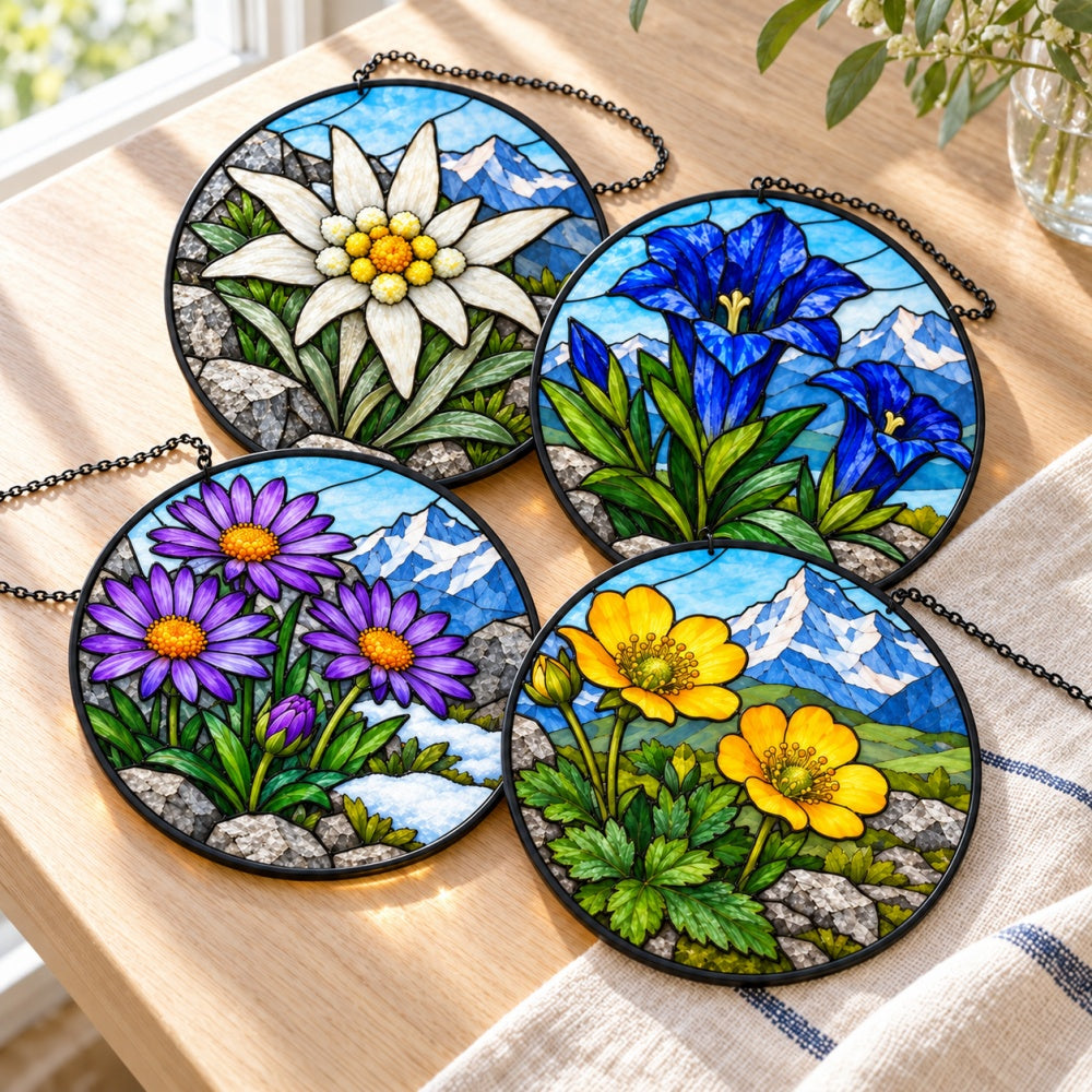 Stained Glass Suncatcher Set of 4 - Alpine Mountain Flowers