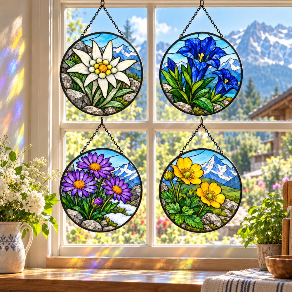 Stained Glass Suncatcher Set of 4 - Alpine Mountain Flowers