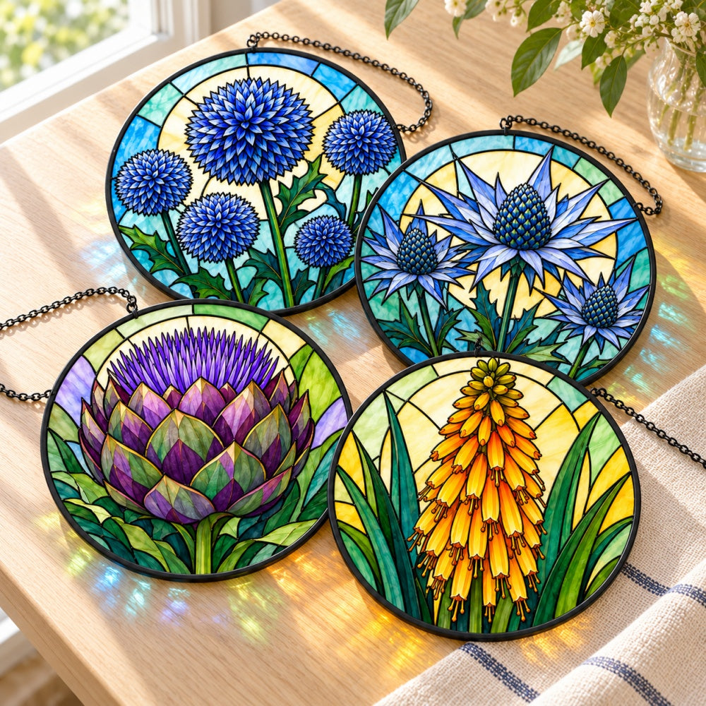 Stained Glass Suncatcher Set of 4 - Architectural Flower Garden
