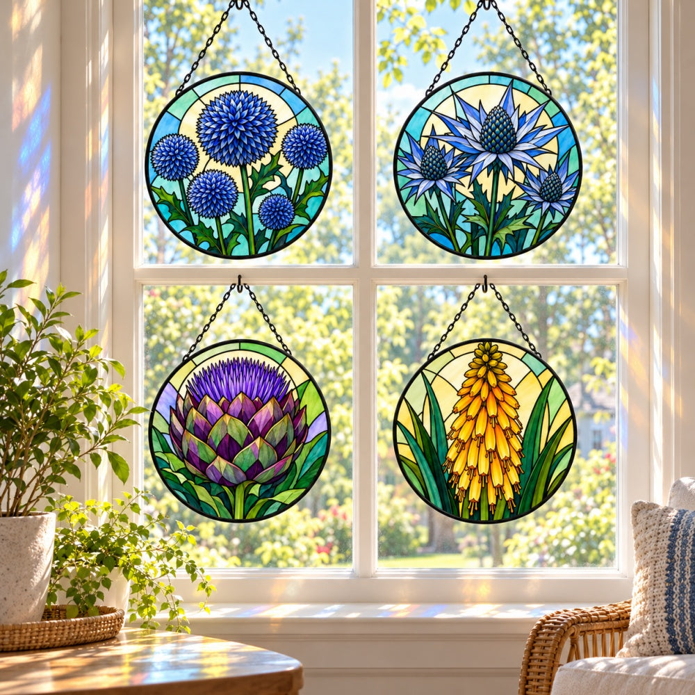 Stained Glass Suncatcher Set of 4 - Architectural Flower Garden