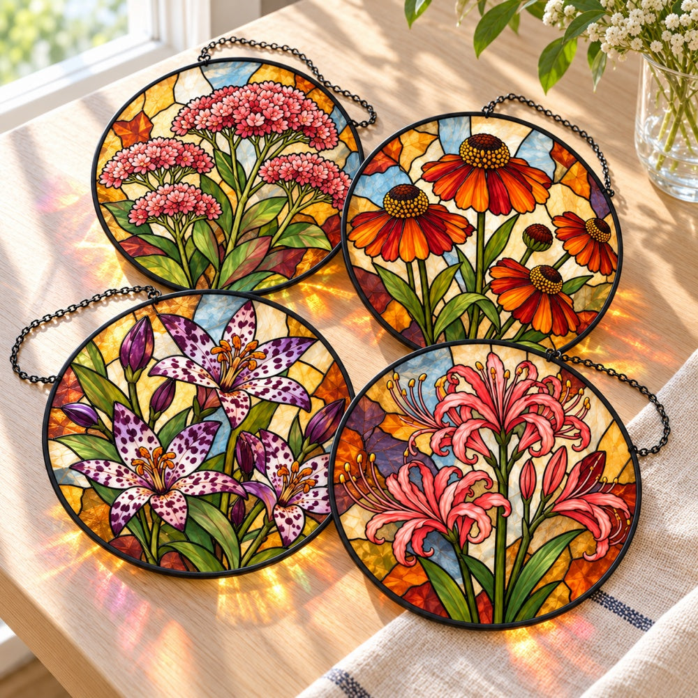 Stained Glass Suncatcher Set of 4 - Autumn Bloom Collection