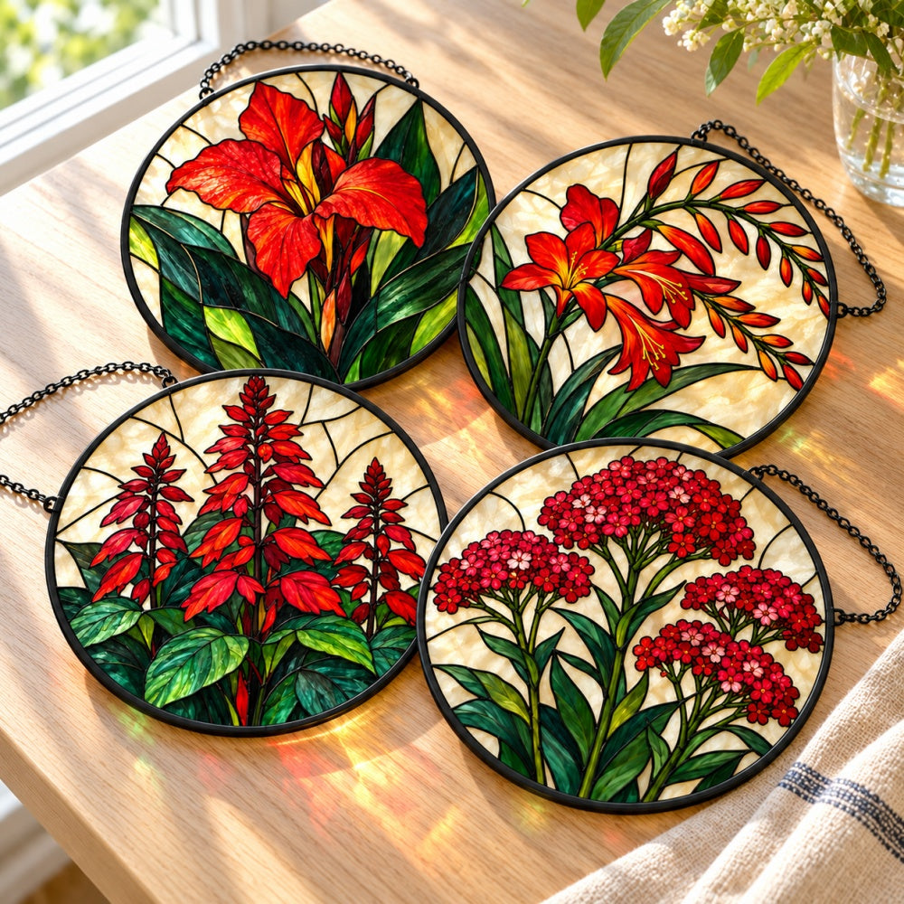Stained Glass Suncatcher Set of 4 - Bold Red Flower Garden