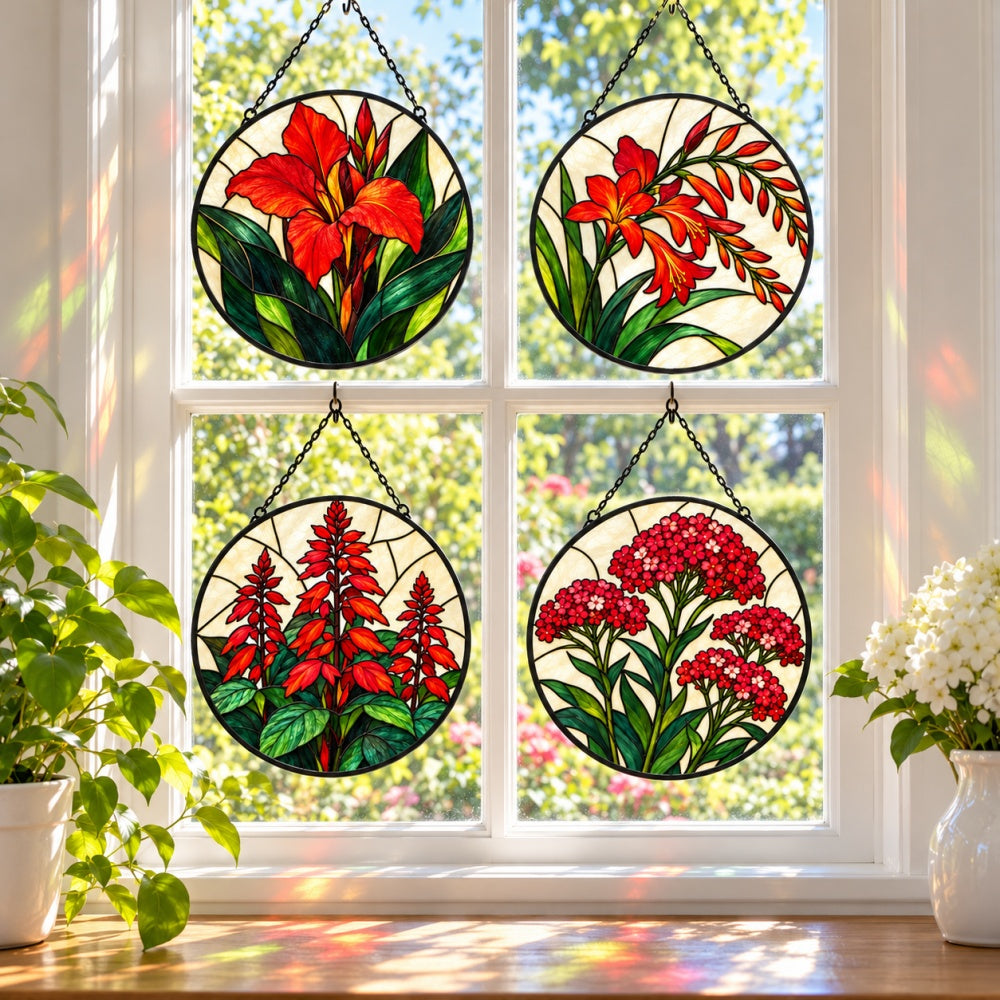 Stained Glass Suncatcher Set of 4 - Bold Red Flower Garden