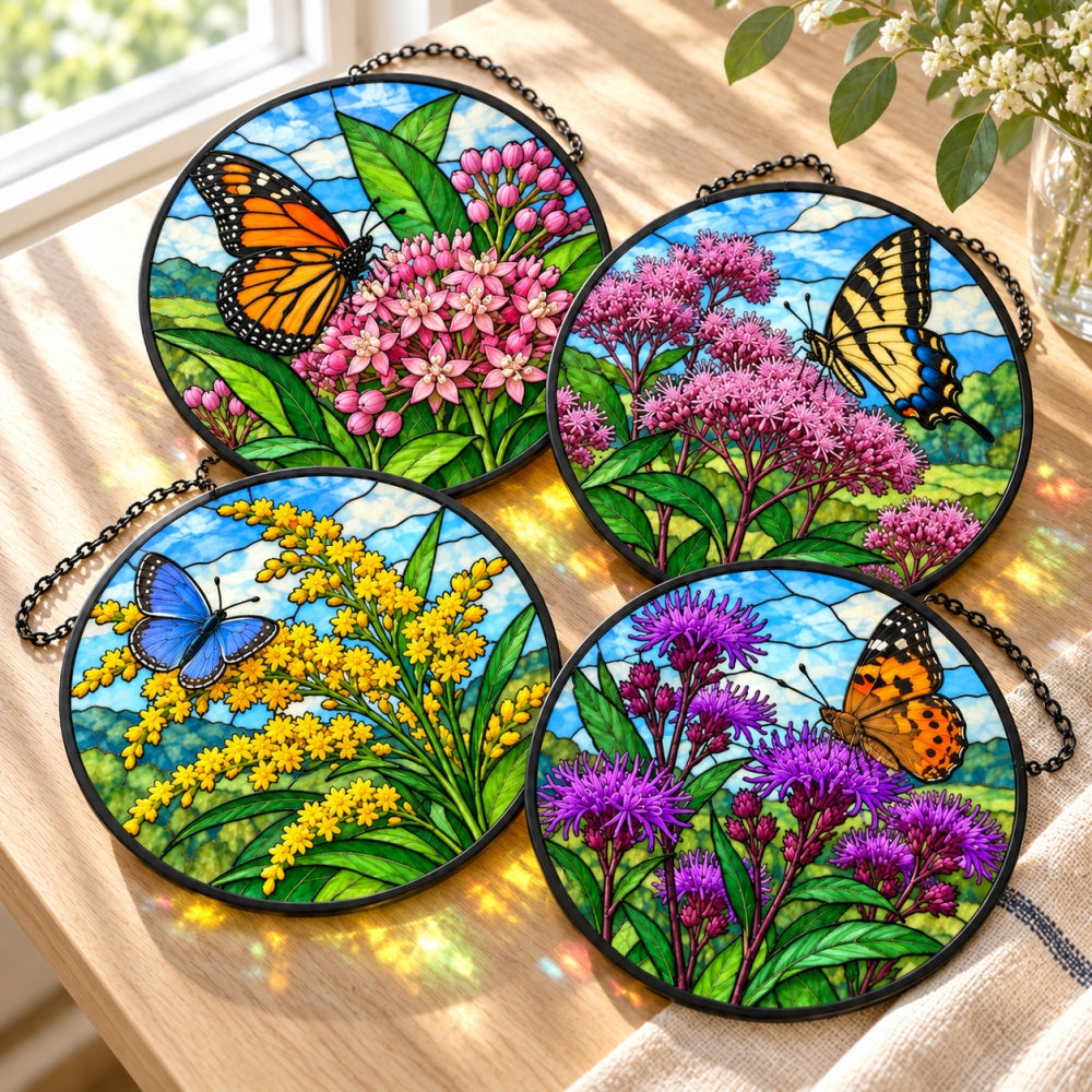 Stained Glass Suncatcher Set of 4 - Butterfly Pollinator Garden