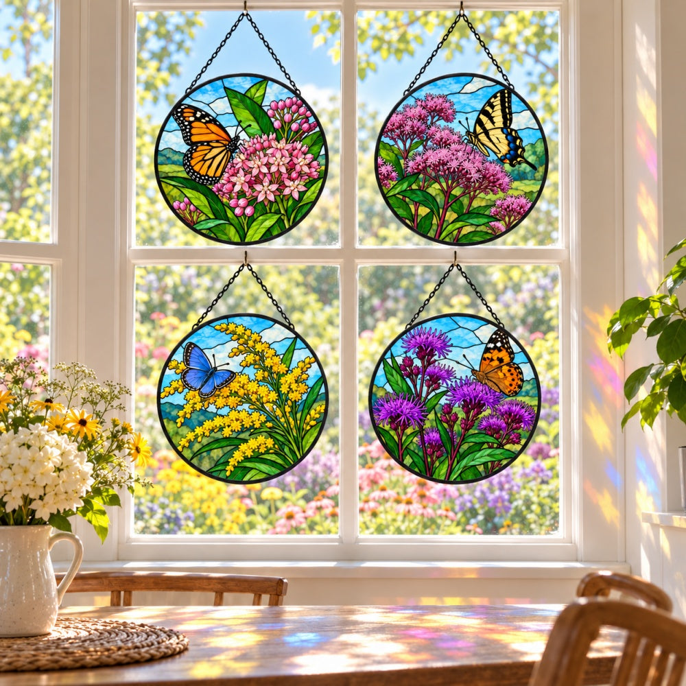 Stained Glass Suncatcher Set of 4 - Butterfly Pollinator Garden