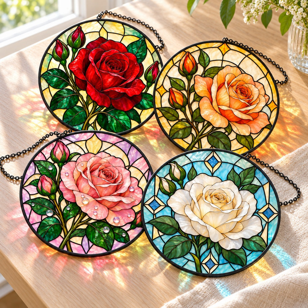 Stained Glass Suncatcher Set of 4 - Classic Rose Quartet