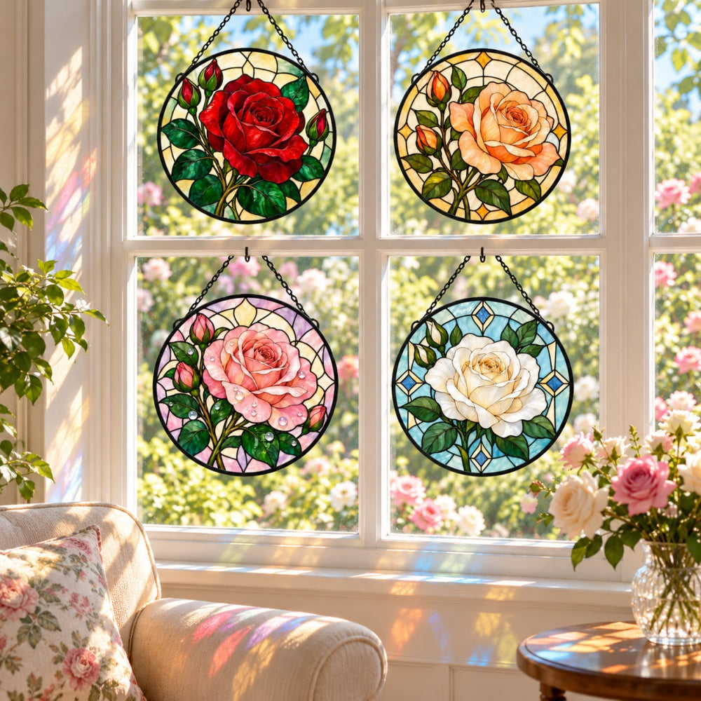Stained Glass Suncatcher Set of 4 - Classic Rose Quartet