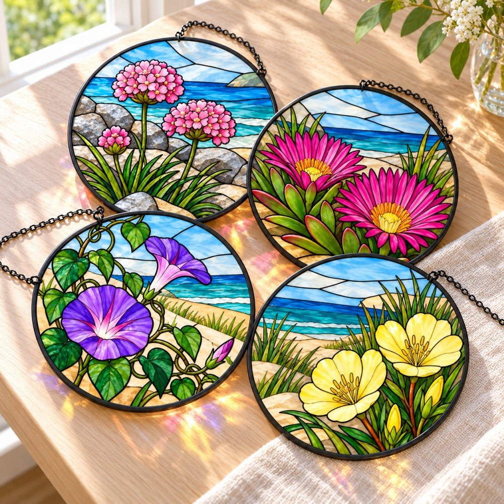 Stained Glass Suncatcher Set of 4 - Coastal Botanical Flowers