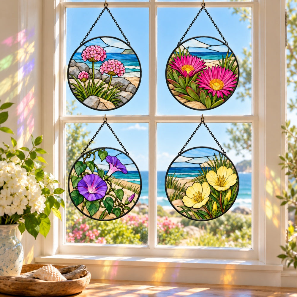 Stained Glass Suncatcher Set of 4 - Coastal Botanical Flowers