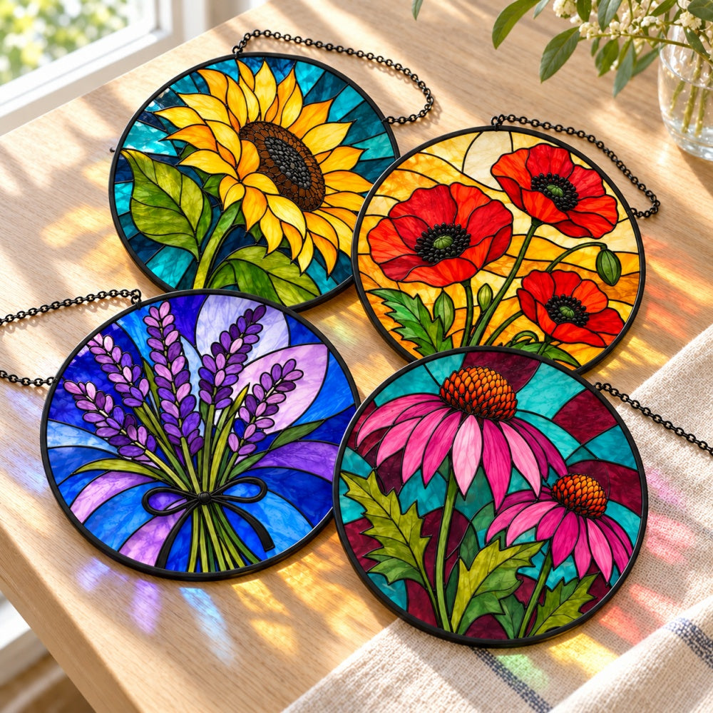 Stained Glass Suncatcher Set of 4 - Colorful Country Wildflowers