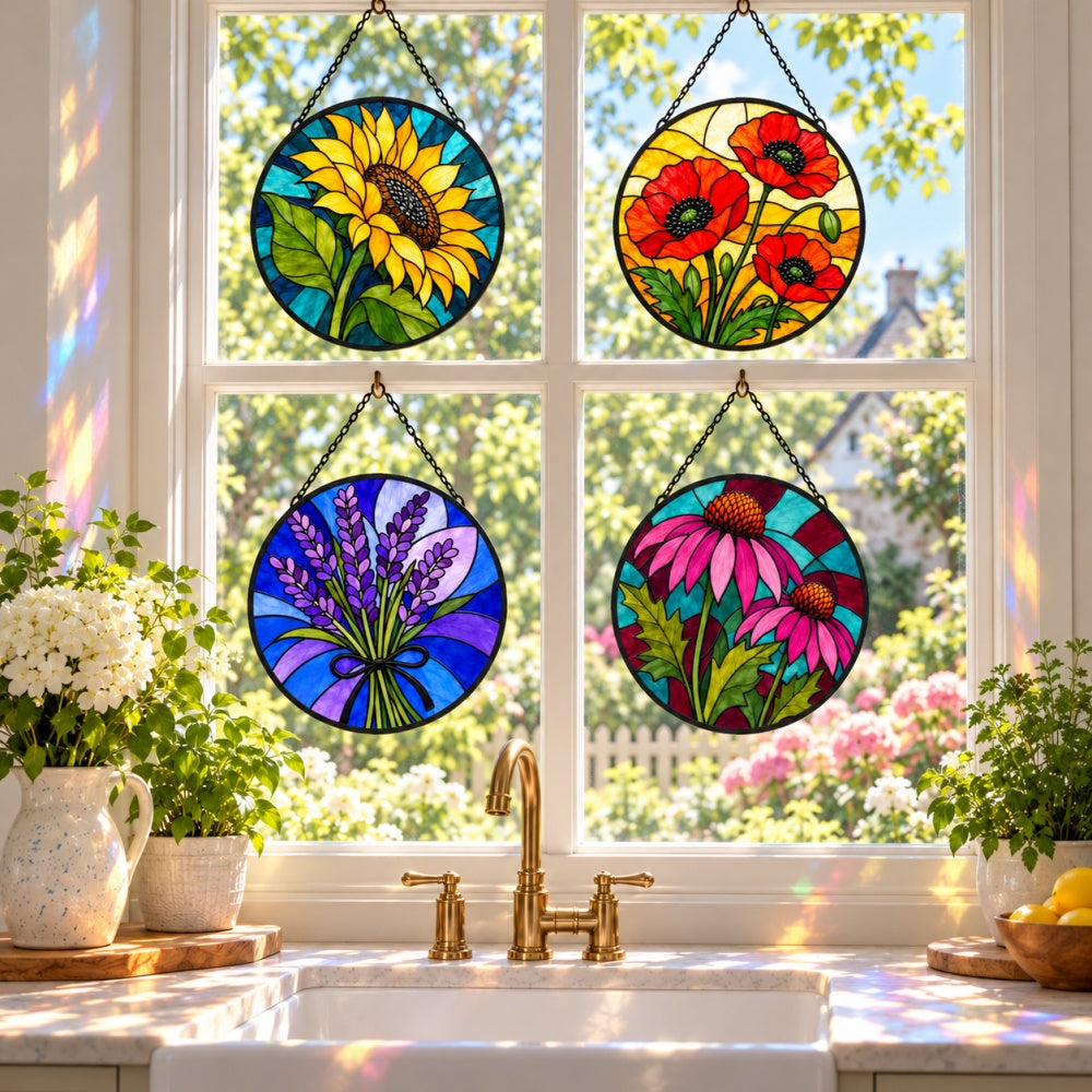 Stained Glass Suncatcher Set of 4 - Colorful Country Wildflowers