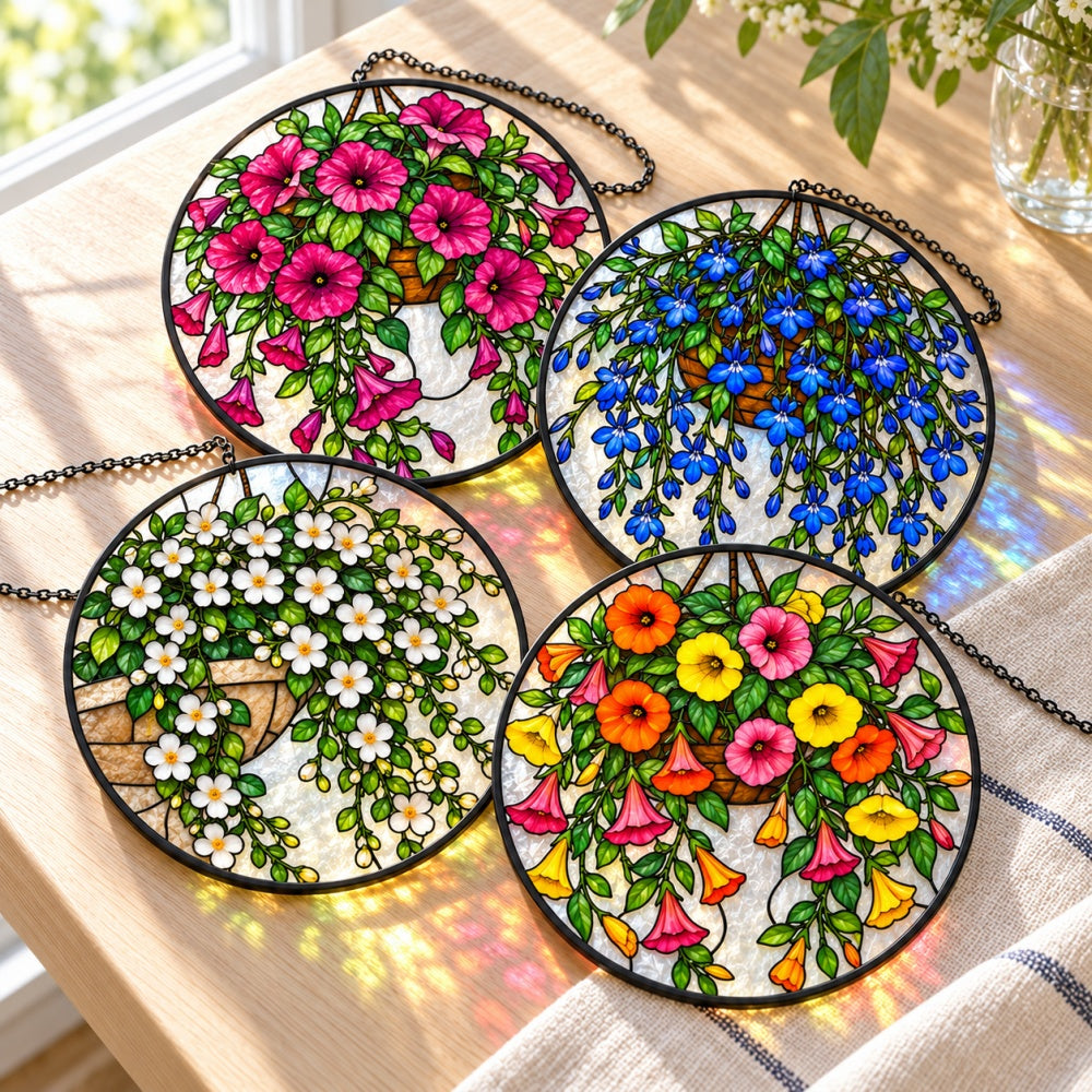 Stained Glass Suncatcher Set of 4 - Colorful Hanging Flowers