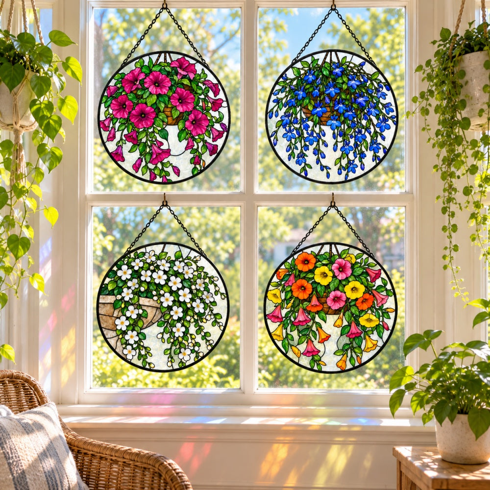 Stained Glass Suncatcher Set of 4 - Colorful Hanging Flowers