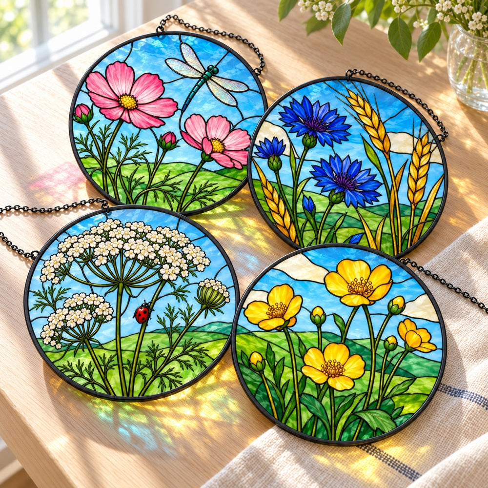 Stained Glass Suncatcher Set of 4 - Colorful Wildflower Meadow