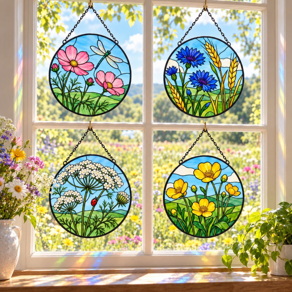 Stained Glass Suncatcher Set of 4 - Colorful Wildflower Meadow