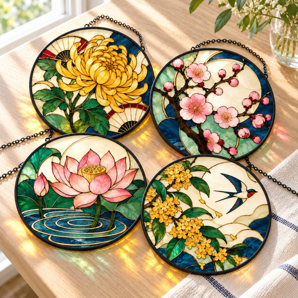 Stained Glass Suncatcher Set of 4 - Eastern Botanical Elegance