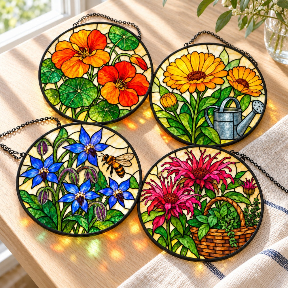 Stained Glass Suncatcher Set of 4 - Edible Cottage Flowers