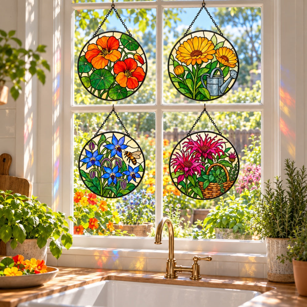 Stained Glass Suncatcher Set of 4 - Edible Cottage Flowers