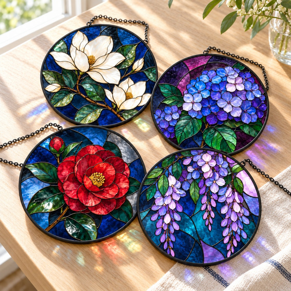 Stained Glass Suncatcher Set of 4 - Elegant Midnight Garden