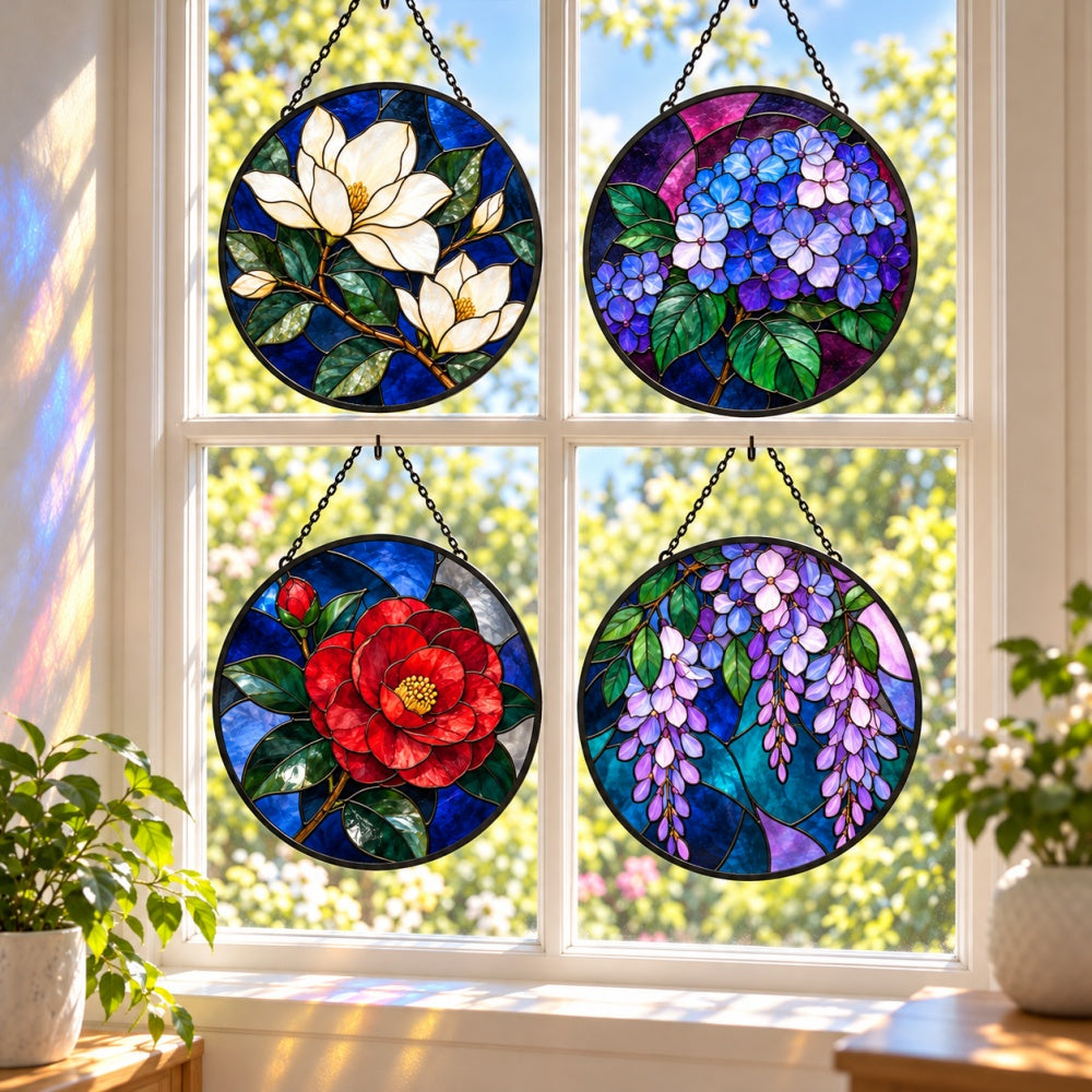 Stained Glass Suncatcher Set of 4 - Elegant Midnight Garden