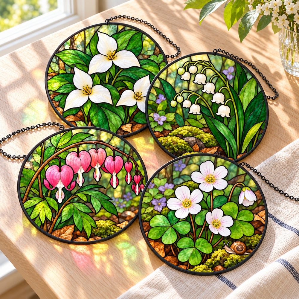 Stained Glass Suncatcher Set of 4 - Enchanted Woodland Flowers