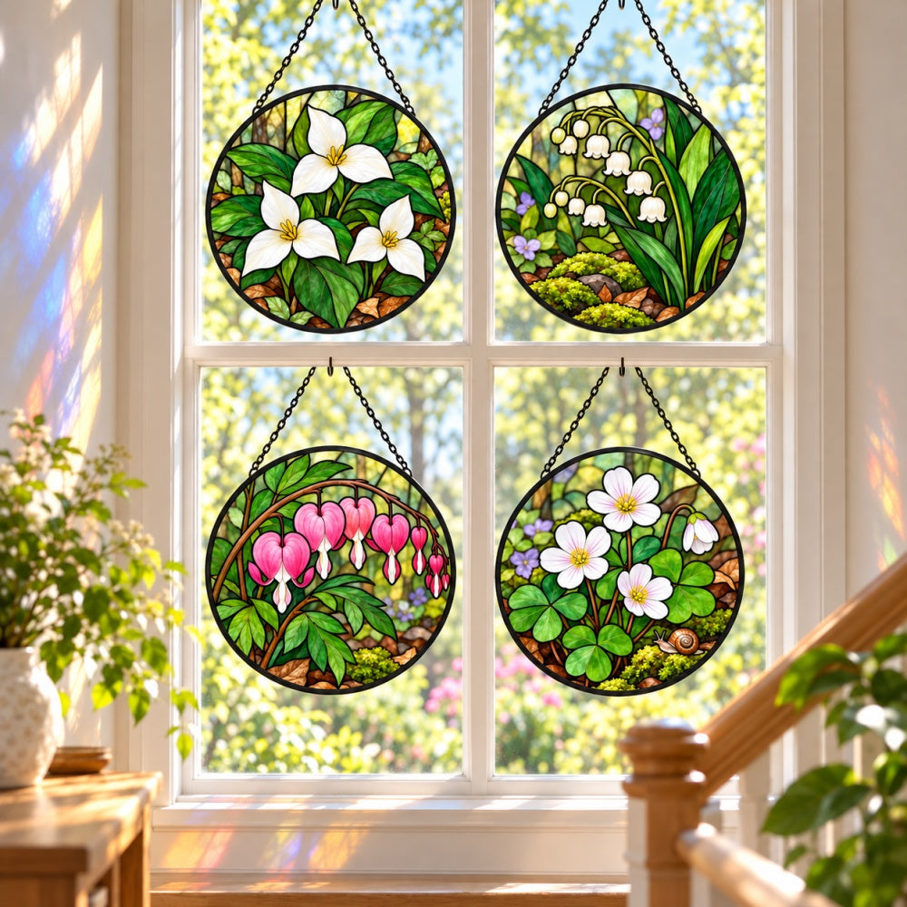 Stained Glass Suncatcher Set of 4 - Enchanted Woodland Flowers