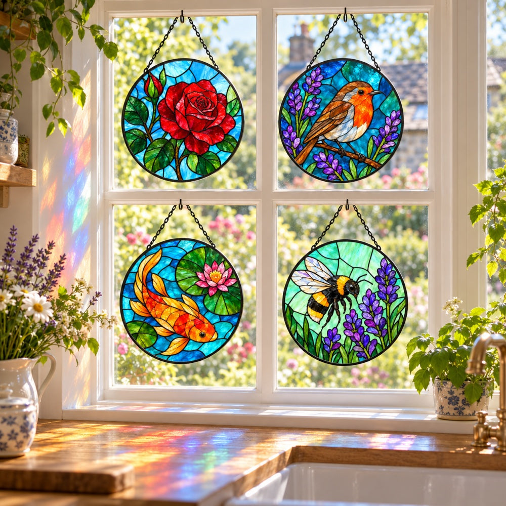 Stained Glass Suncatcher Set of 4 - English Cottage Garden