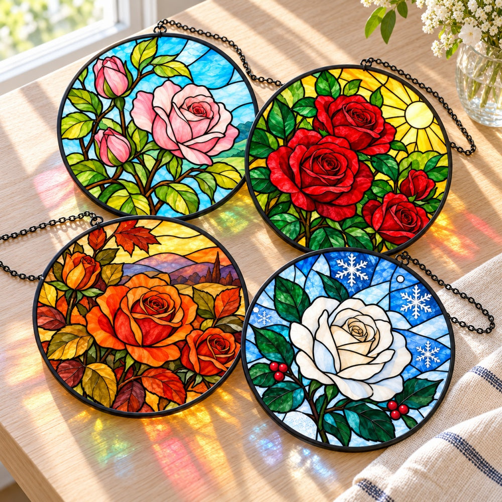 Stained Glass Suncatcher Set of 4 - Four Seasons Rose Garden