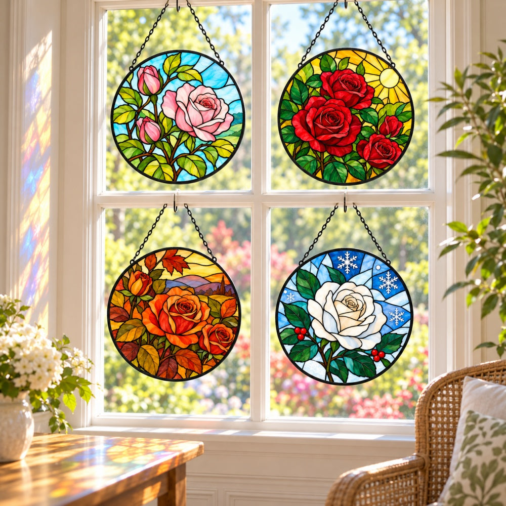 Stained Glass Suncatcher Set of 4 - Four Seasons Rose Garden