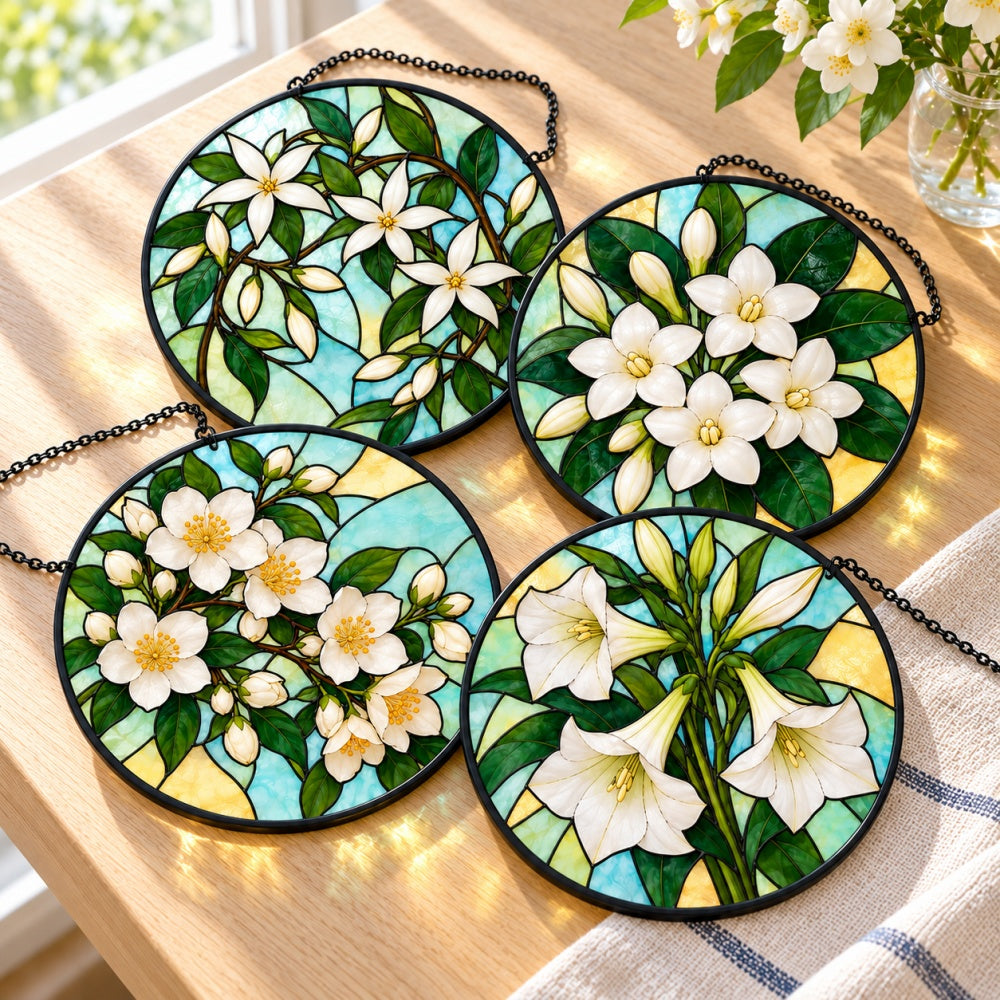 Stained Glass Suncatcher Set of 4 - Fragrant White Flowers