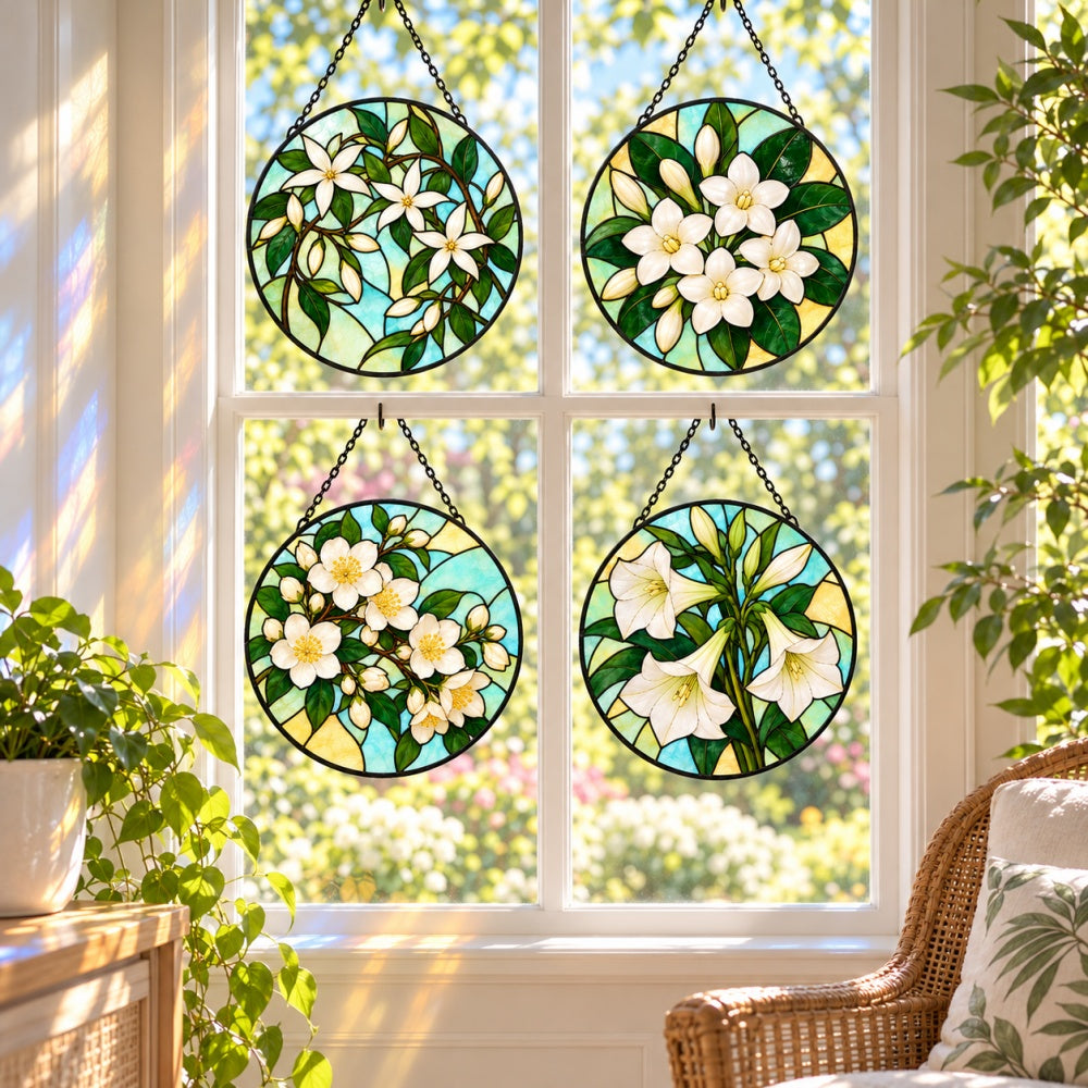 Stained Glass Suncatcher Set of 4 - Fragrant White Flowers