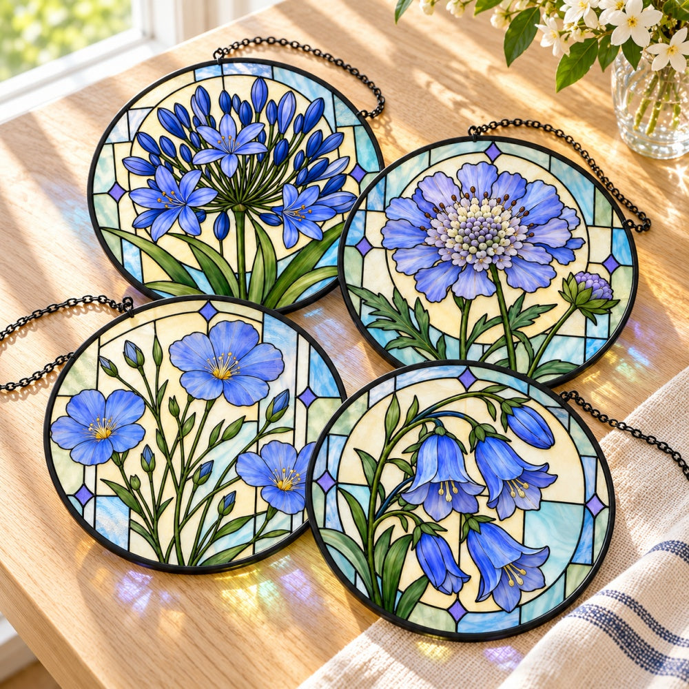 Stained Glass Suncatcher Set of 4 - French Blue Garden