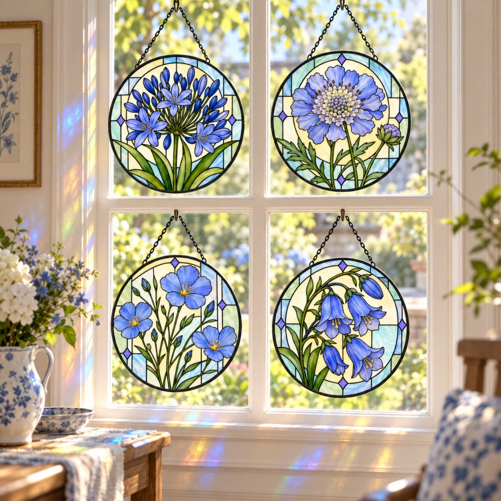 Stained Glass Suncatcher Set of 4 - French Blue Garden