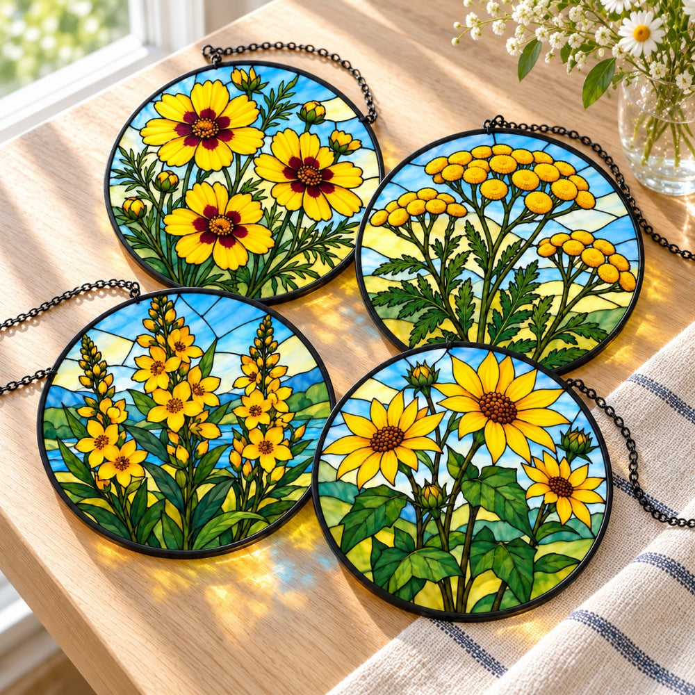 Stained Glass Suncatcher Set of 4 - Golden Summer Flowers