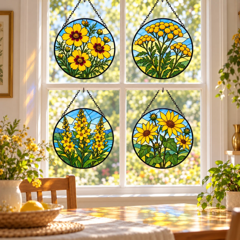 Stained Glass Suncatcher Set of 4 - Golden Summer Flowers